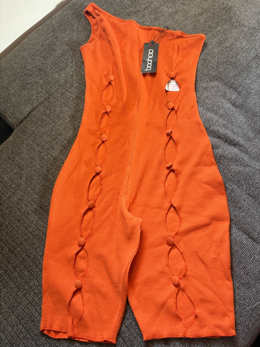 Boohoo Orange Knit One-Shoulder Romper